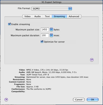 PcP Encodings - 3GPP (Release A) Server - Streaming Settings